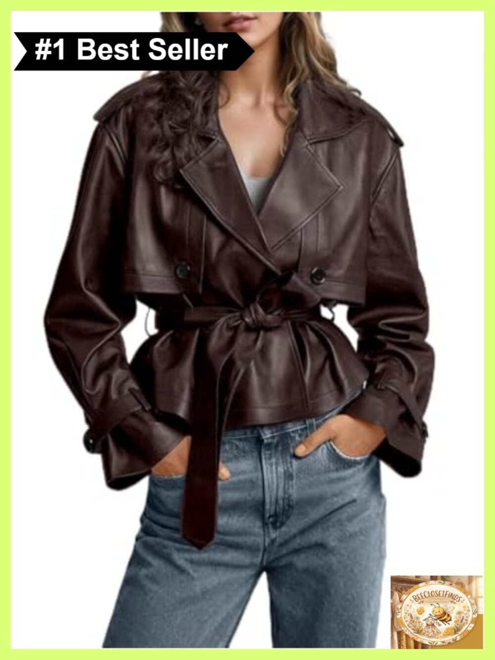 Faux Leather Belted Trench Coat Moto Jacket Business Casual Short